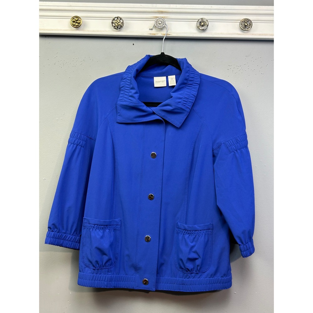 Chicos Zenergy Jacket Womens XS‎ 0 Blue Lightweight Snap Front 3/4 Sleeve Sporty
